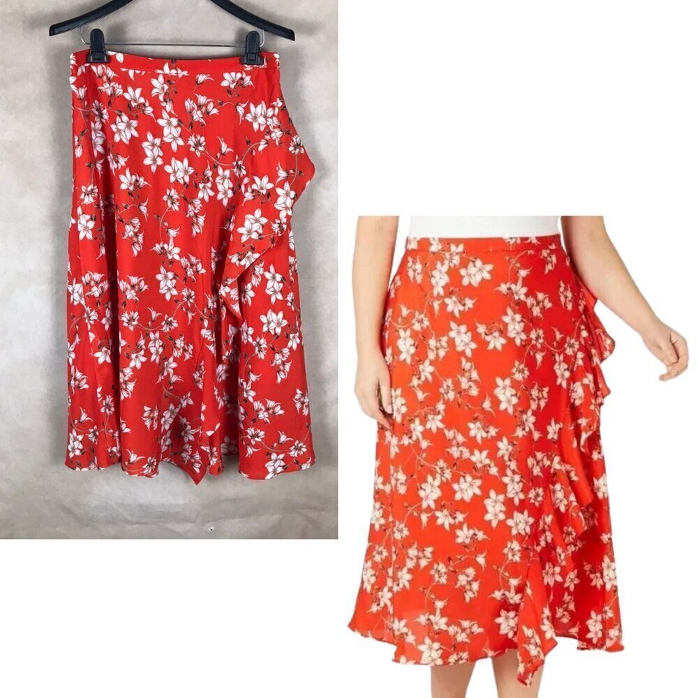 CALVIN KLEIN Orange Floral Ruffle A-Line Skirt NEW Size 8